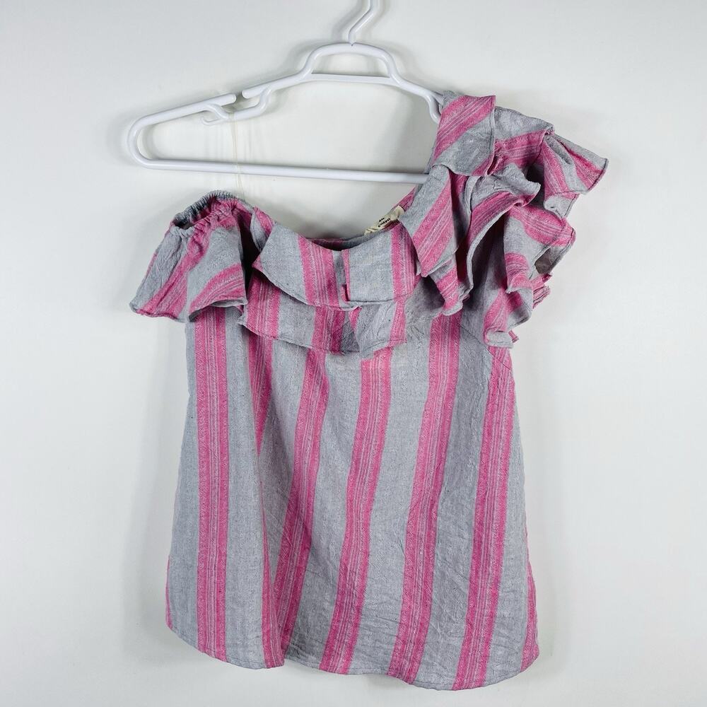 Entro Top Medium Striped Cotton Linen One Shoulder Ruffle Pink Gray